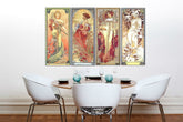 Vintage vászonkép motívummal: ŠTYRI ROČNÉ OBDOBIA 120x70 cm – Alfons Mucha, térkép zöld-arany árnyalatokban felakasztva az enteriőrben konyha számára – enteriőr