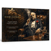 A Keresztapa vászonkép: Don Vito Corleone bőrfotelben, whiskyvel, expresszív stílusú prémium falikép a Papilorától