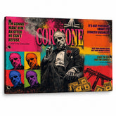 A Keresztapa pop-art stílusú vászonkép Don Vito Corleone portréjával és híres filmidézetekkel, elegáns dekoráció a Papilorától.