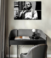 Pop art vászonkép motívummal: The Godfather - Vito Corleone s üveggel škótskej, szivar, üveg fehér-fekete árnyalatokban, melankolikus hangulat – fő