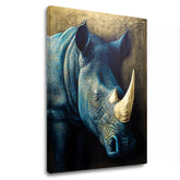 Arany nyomással vászonkép motívummal: Rhino's Armor of the Savanna, állat kék-arany árnyalatokban, fenséges hangulat, alkalmas a dolgozószoba számára – fő