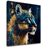 Art deco vászonkép motívummal: PREMIUM ART - Silent Puma's Gaze, táj, természet kék-arany árnyalatokban, fenséges hangulat, alkalmas a dolgozószoba számára – fő