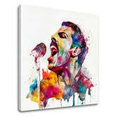 Pop art vászonkép motívummal: Ikonický rebel Freddie Mercury, mikrofon lila-kék árnyalatokban, energikus hangulat, rock and roll, alkalmas a dolgozószoba számára – fő