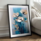 Modern vászonkép arany-türkiz árnyalatokban, elegáns hangulat, természet és luxus hatás | Fali poszter s EXTRA efektom - Teal Flowers – termék
