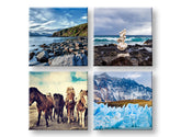 Boho stílusú vászonkép motívummal: Walking through the Iceland, lovak, hegyek, táj, tenger és tengerpart kék-zöld árnyalatokban, többrészes kivitel – fő