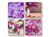 Kollázs vászonkép motívummal: Lilacs, virágok, természet, állat fehér-lila árnyalatokban, nyugodt hangulat, tavaszi hangulat és természet, többrészes kivitel – fő