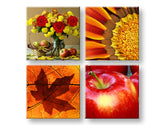 Kollázs vászonkép motívummal: The smell of Autumn, rózsák, slnečnica, virágok, természet narancs-piros árnyalatokban, meleg hangulat, többrészes kivitel – fő