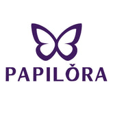 Közelebbi nézet a Papilora logóról, amelyen a lila pillangó és a márkanév betűinek textúrája és kompozíciója látható Papilora.