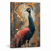 Profilból ábrázolt fenséges páva vászonkép, 3D vizualizáció látható fa vakrámával, Papilora Premium Art.