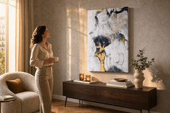 Festett falikép ABSZTRAKT 80x120 cm – kézzel festett kép elegáns enteriőrben (Golden hour luxe) | fal mockup | prémium vászon | Papilora.sk