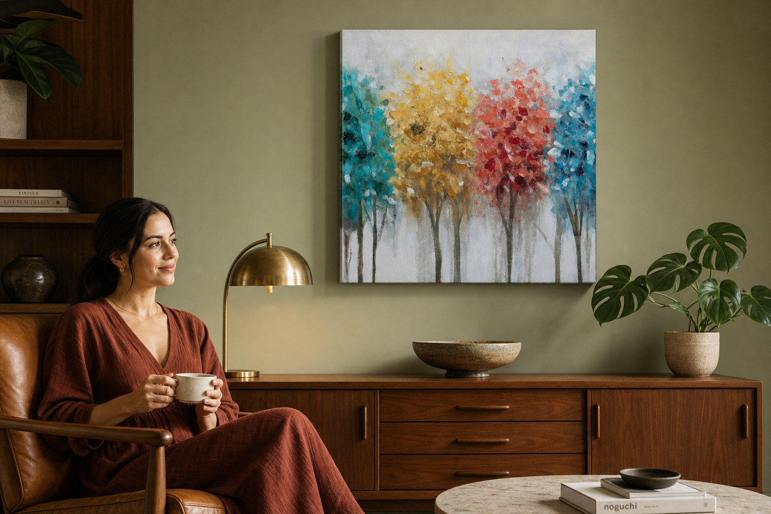 Festett falikép FÁK 60x60 cm – kézzel festett kép elegáns enteriőrben (Mid-century warm) | fal makett | prémium vászon | Papilora.sk