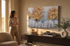 Festett kép falra FÁK 90x60 cm – kézzel festett kép elegáns enteriőrben (Golden hour luxe) | wall mockup | prémium vászon | Papilora.sk