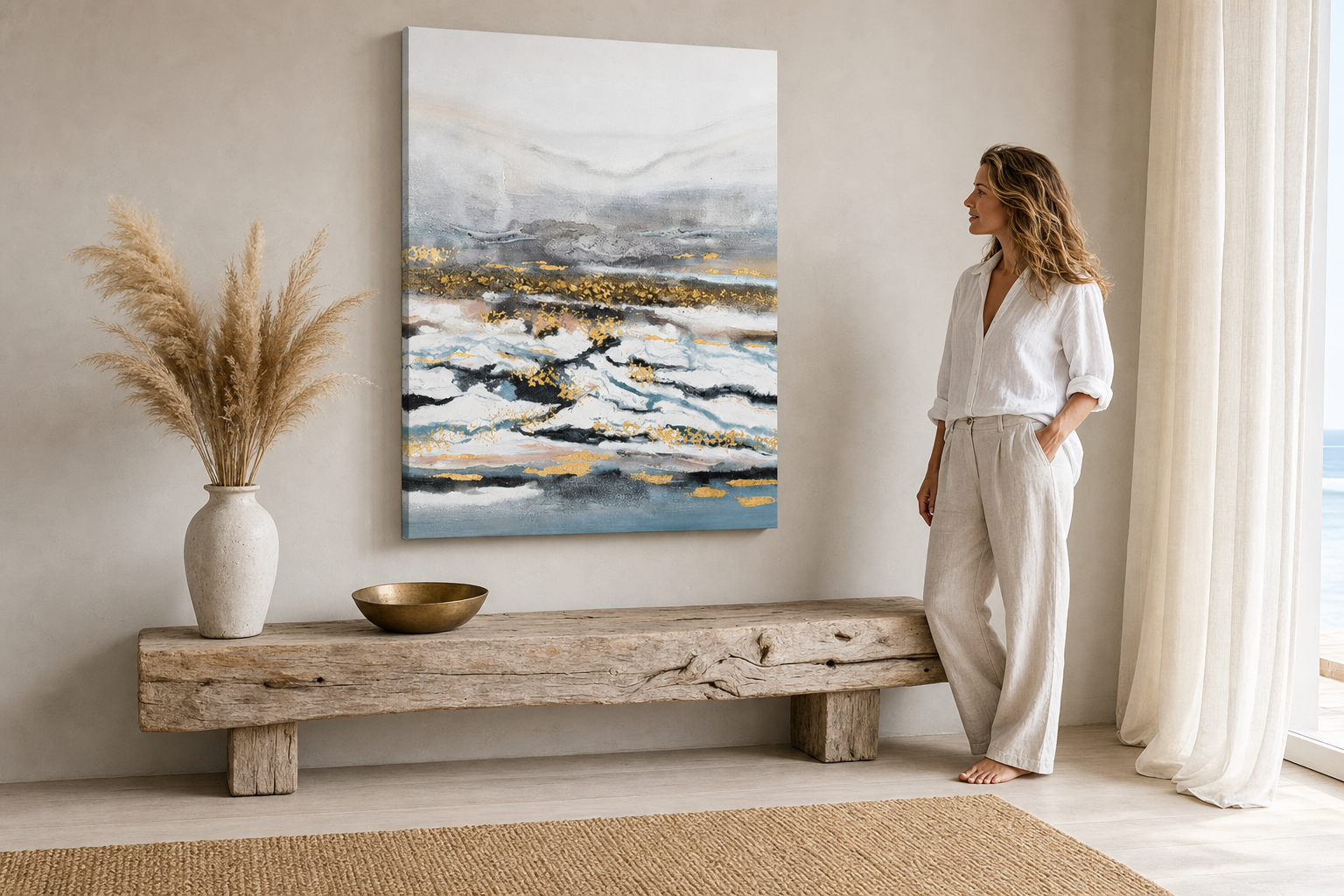 Festett kép falra TERMÉSZET 60x90 cm – kézzel festett kép elegáns enteriőrben (Modern coastal) | fal mockup | prémium vászon | Papilora.sk
