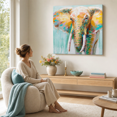 Festett fali kép ELEFÁNT 70x70 cm – kézzel festett kép elegáns enteriőrben (Scandi neutral) | wall mockup | prémium vászon | Papilora.sk