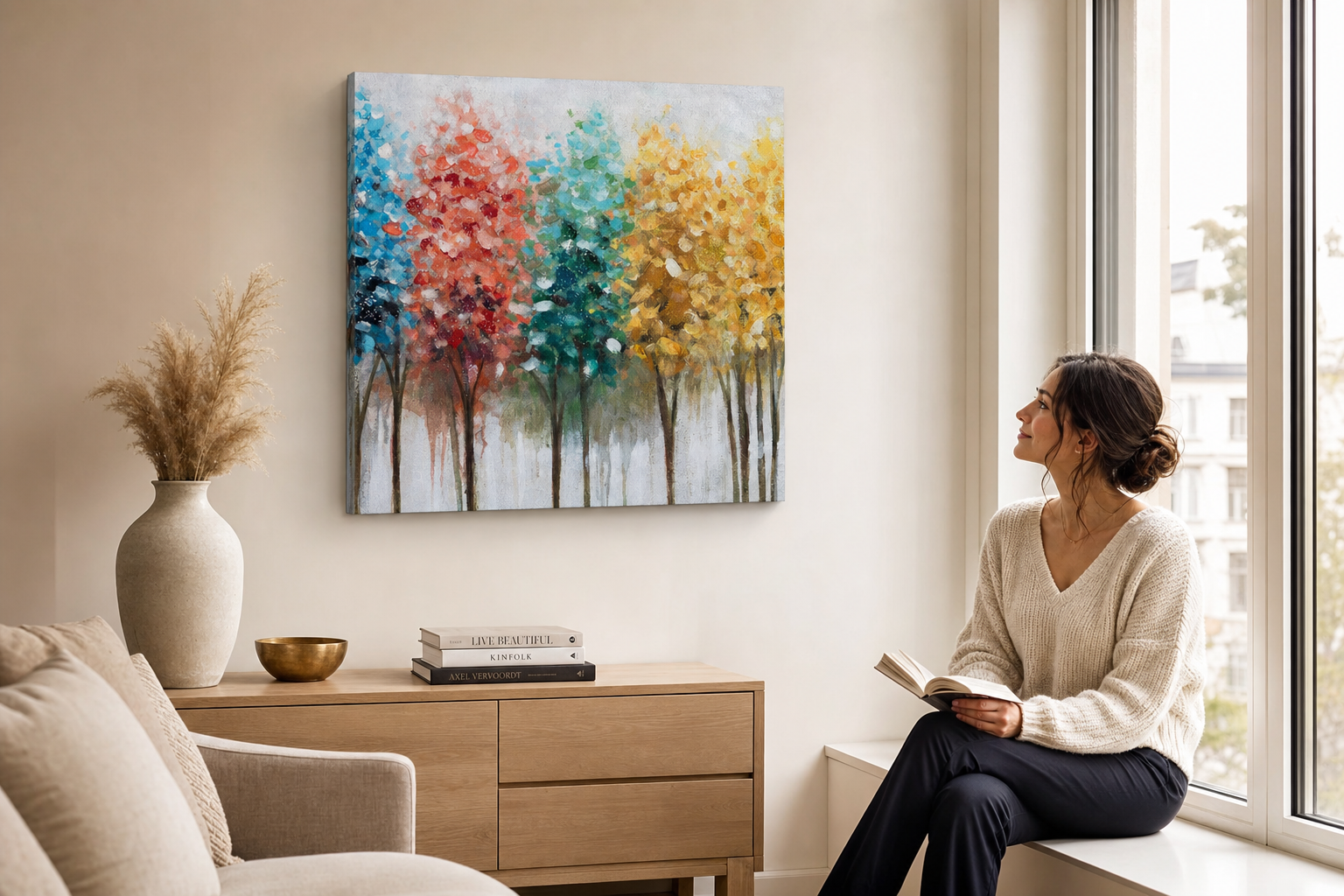 Festett fali kép FÁK 60x60 cm – kézzel festett kép elegáns enteriőrben (Ablak melletti olvasás) | fal mockup | prémium vászon | Papilora.sk
