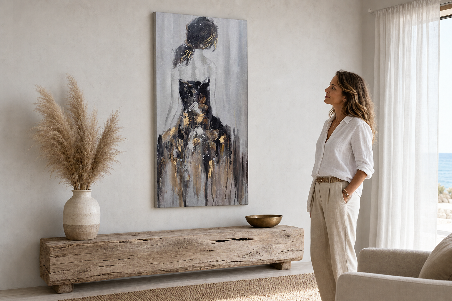 Festett falikép NŐ 50x100 cm – kézzel festett kép elegáns enteriőrben (Modern coastal) | wall mockup | prémium vászon | Papilora.sk