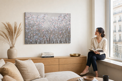 Festett kép falra VIRÁGOK 90x60 cm – kézzel festett kép elegáns enteriőrben (Ablak melletti olvasás) | fal makett | prémium vászon | Papilora.sk