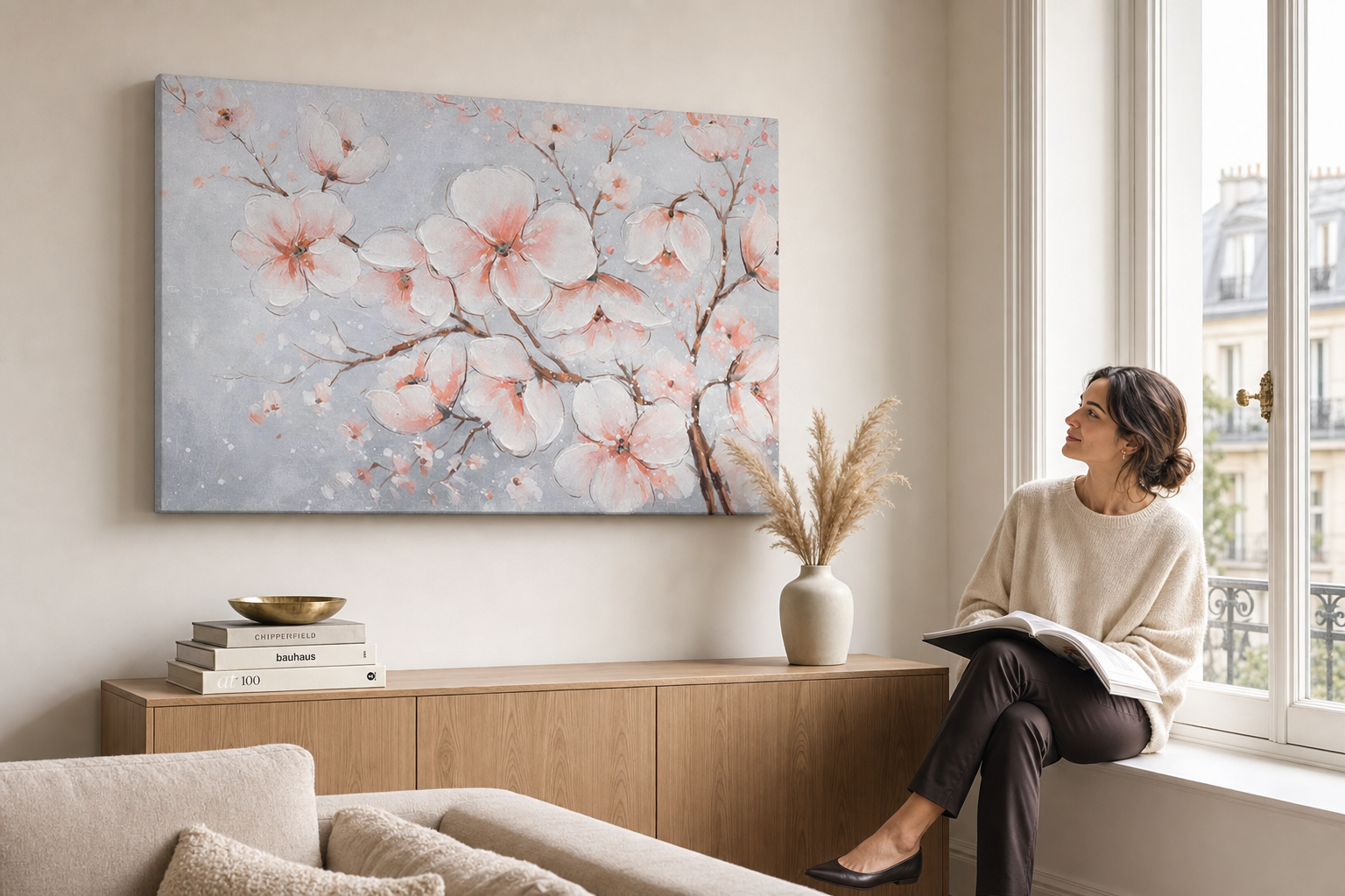 Festett kép falra VIRÁGOK 90x60 cm – kézzel festett kép elegáns enteriőrben (Ablak melletti olvasás) | fal makett | prémium vászon | Papilora.sk