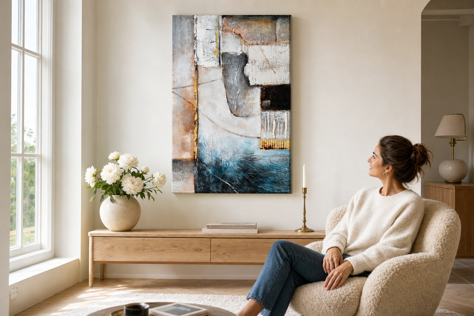 Festett falikép ABSZTRAKT 80x120 cm – kézzel festett kép elegáns enteriőrben (Scandi cream) | wall mockup | prémium vászon | Papilora.sk