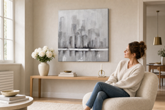 Festett falikép VÁROS 75x75 cm – kézzel festett kép elegáns enteriőrben (Scandi cream) | wall mockup | prémium vászon | Papilora.sk
