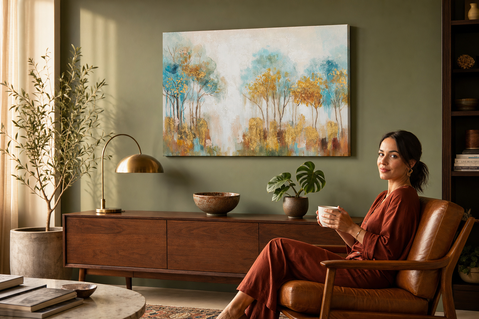Festett falikép FÁK 90x60 cm – kézzel festett kép elegáns enteriőrben (Mid-century warm) | fal mockup | prémium vászon | Papilora.sk