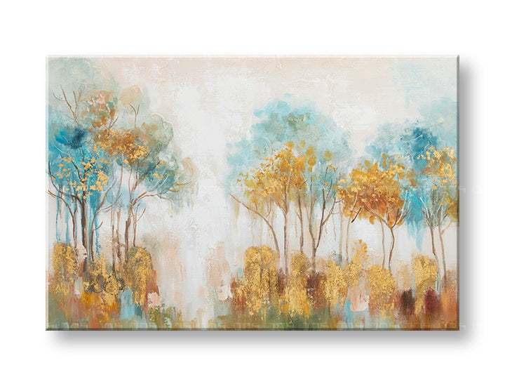 Részletes előnézet az arany és türkiz fák kompozíciójáról, mely kiemeli a színek harmóniáját, Papilora.
