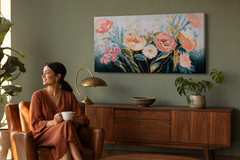 Festett kép falra VIRÁGOK 100x50 cm – kézzel festett kép elegáns enteriőrben (Mid-century warm) | wall mockup | prémium vászon | Papilora.sk