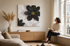 Festett kép falra VIRÁGOK 70x70 cm – kézzel festett kép elegáns enteriőrben (Window reading) | wall mockup | prémium vászon | Papilora.sk
