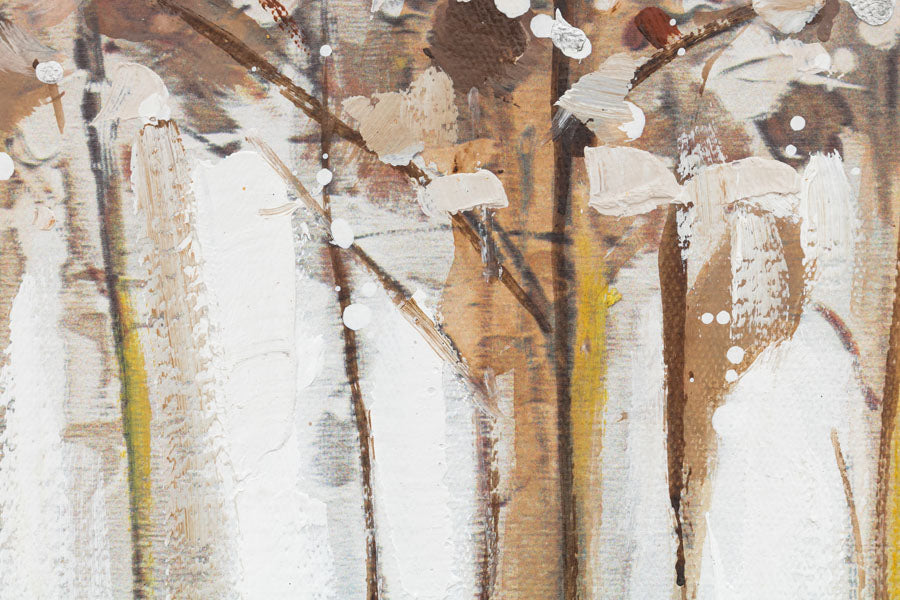 Közelről látható a virágzó fák festményének textúrája és kompozíciója, kiemelve a fehér és barna színeket, Papilora.