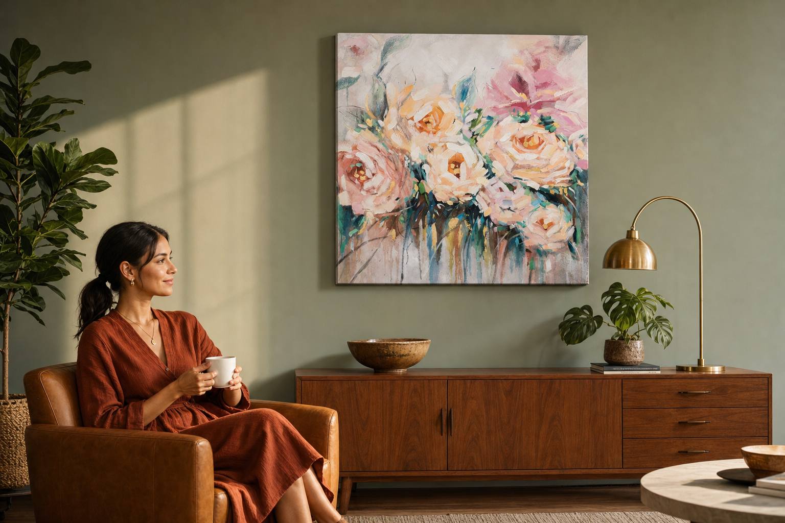Festett kép falra VIRÁGOK 100x100 cm – kézzel festett kép elegáns enteriőrben (Mid-century warm) | fal mockup | prémium vászon | Papilora.sk