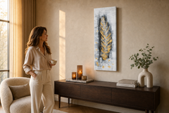 Festett falikép LIST 40x120 cm – kézzel festett kép elegáns enteriőrben (Golden hour luxe) | wall mockup | prémium vászon | Papilora.sk