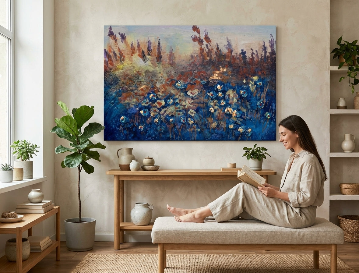Boho stílusú vászonkép motívummal: RÉT, mező, fák, égbolt, táj lila-kék árnyalatokban felakasztva az enteriőrben nappali számára, természet és magány – enteriőr