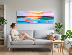 Pop art vászonkép motívummal: NAPLEMENTE, óceán, égbolt, táj lila-kék árnyalatokban felakasztva az enteriőrben iroda számára, nyugodt hangulat – enteriőr