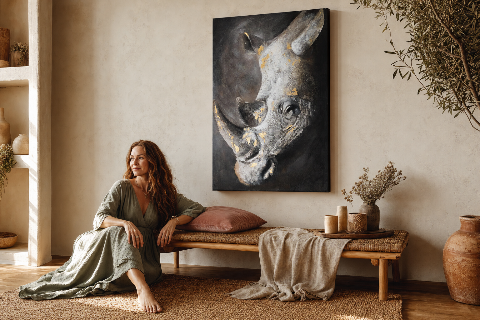 Festett falikép ORRSZARVÚ 80x120 cm – kézzel festett kép elegáns enteriőrben (Bohemian warm) | fal mockup | prémium vászon | Papilora.sk