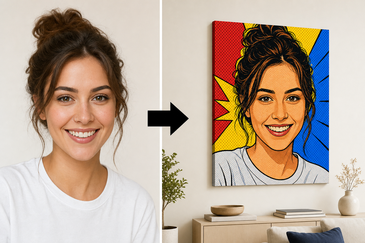 Képregény pop-art kép fotóból – előtte és utána: a fotóból vászonkép lett, Papilora