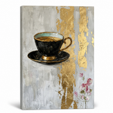 Kávés csésze vászonkép 3D vizualizációja látható fa vakkerettel, elegáns stílus, Papilora Premium Art.