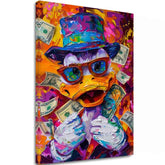 Modern vászonkép motívummal: Money Duck, szemüveg narancs-lila árnyalatokban, energikus hangulat, popkultúra | Kép Money Duck – fő