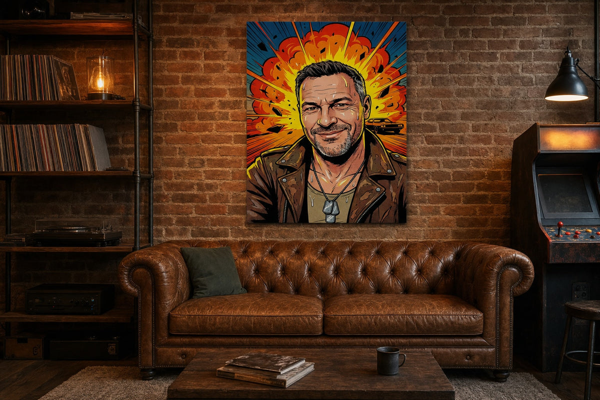 Akció pop-art vászonkép bőrkanapé fölött egy téglafalas loft nappaliban – ajándék férfinak, Papilora
