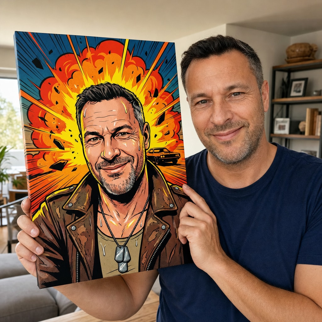 Férfi az arca mellett tartja a fotójából készült képregény pop-art képét – hű hasonlóság akcióhősként, Papilora
