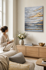 Festett fali kép ÉG 90x110 cm – kézzel festett kép elegáns enteriőrben (Ablak melletti olvasás) | fal makett | prémium vászon | Papilora.sk