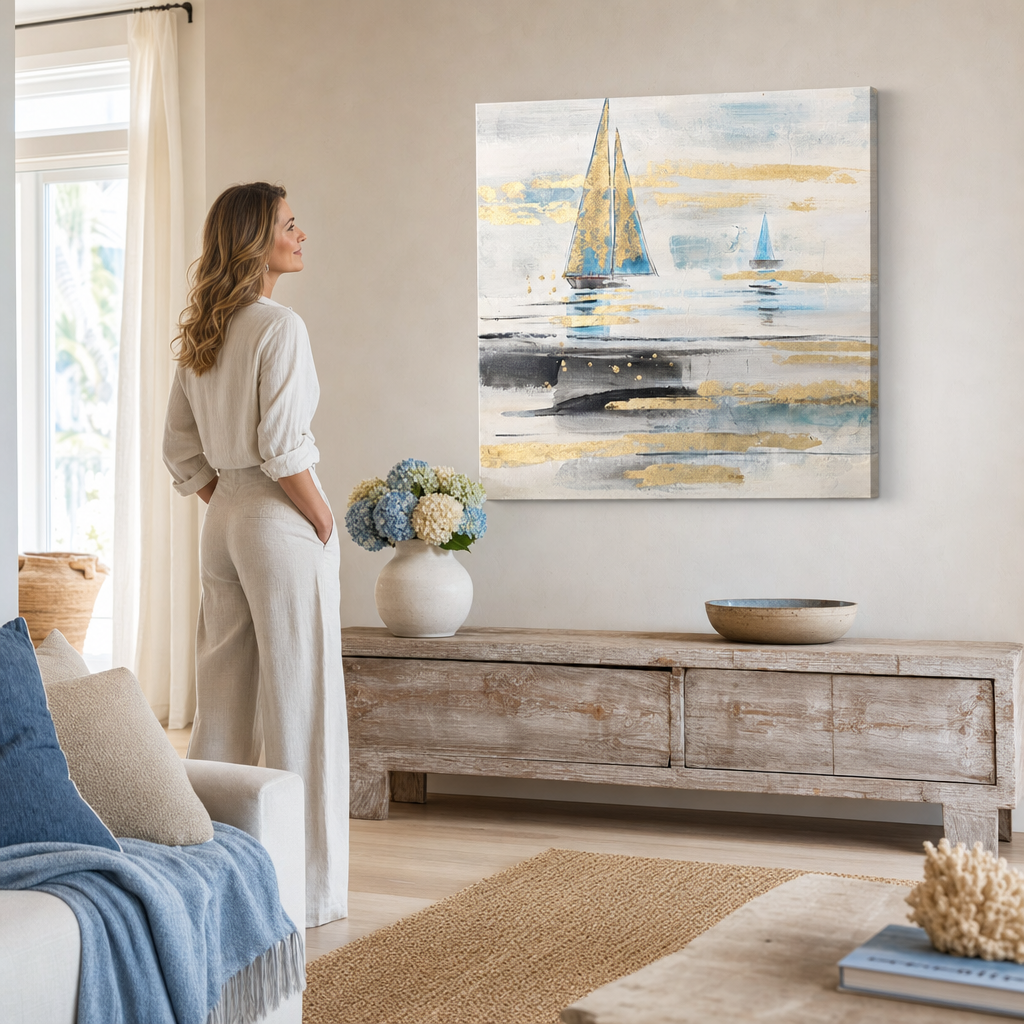 Festett falikép HAJÓ 80x80 cm – kézzel festett kép elegáns enteriőrben (Modern tengerparti) | fal makett | prémium vászon | Papilora.sk