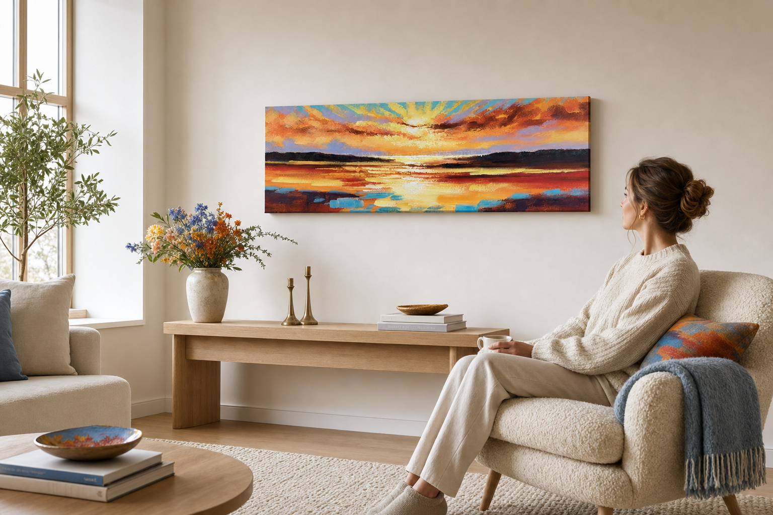 Festett kép falra NAPNYUGTA 150x50 cm – kézzel festett kép elegáns enteriőrben (Skandináv semleges) | fal mockup | prémium vászon | Papilora.sk