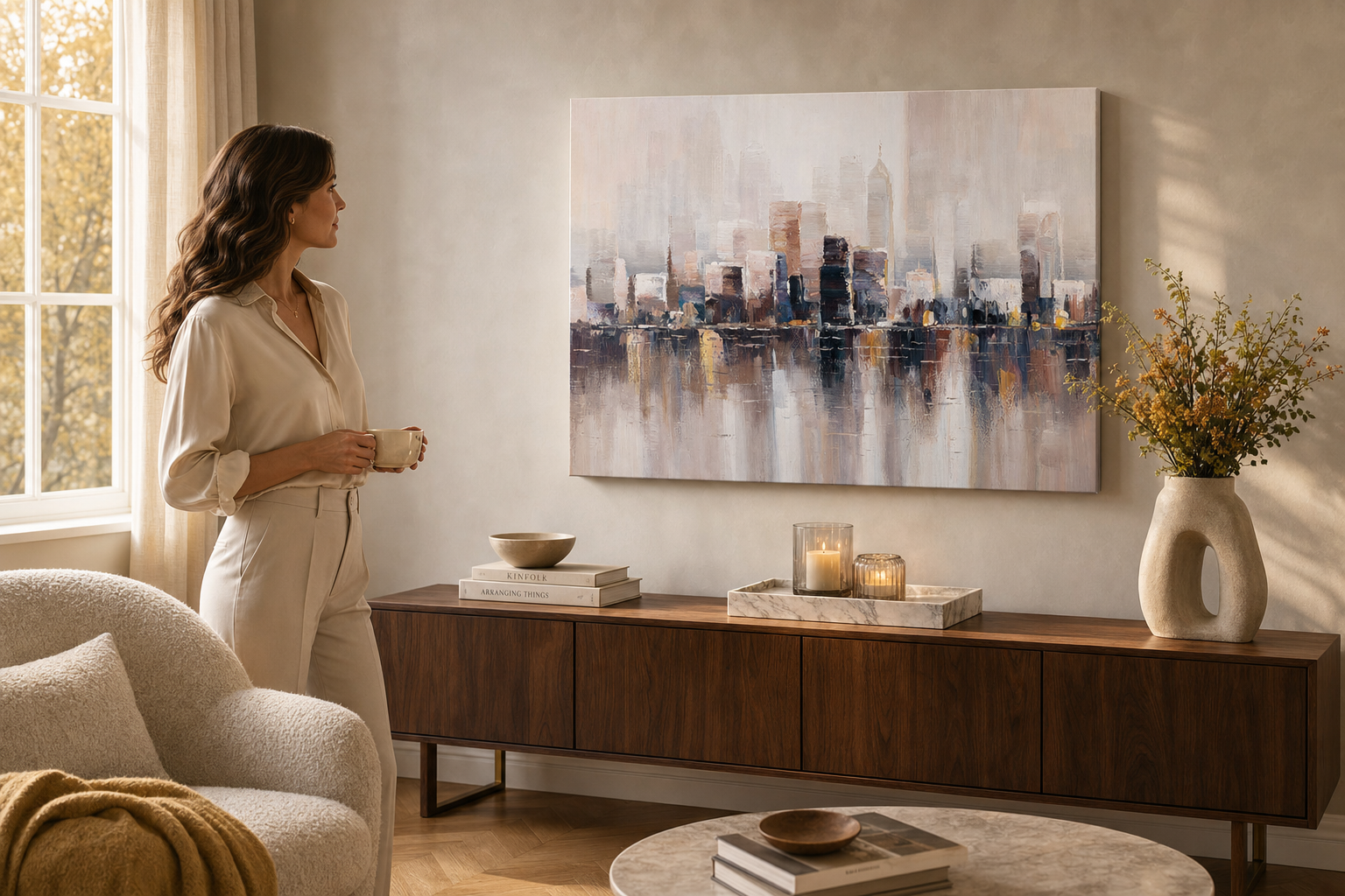 VÁROS falikép 120x90 cm – kézzel festett kép elegáns enteriőrben (Golden hour luxe) | wall mockup | prémium vászon | Papilora.sk