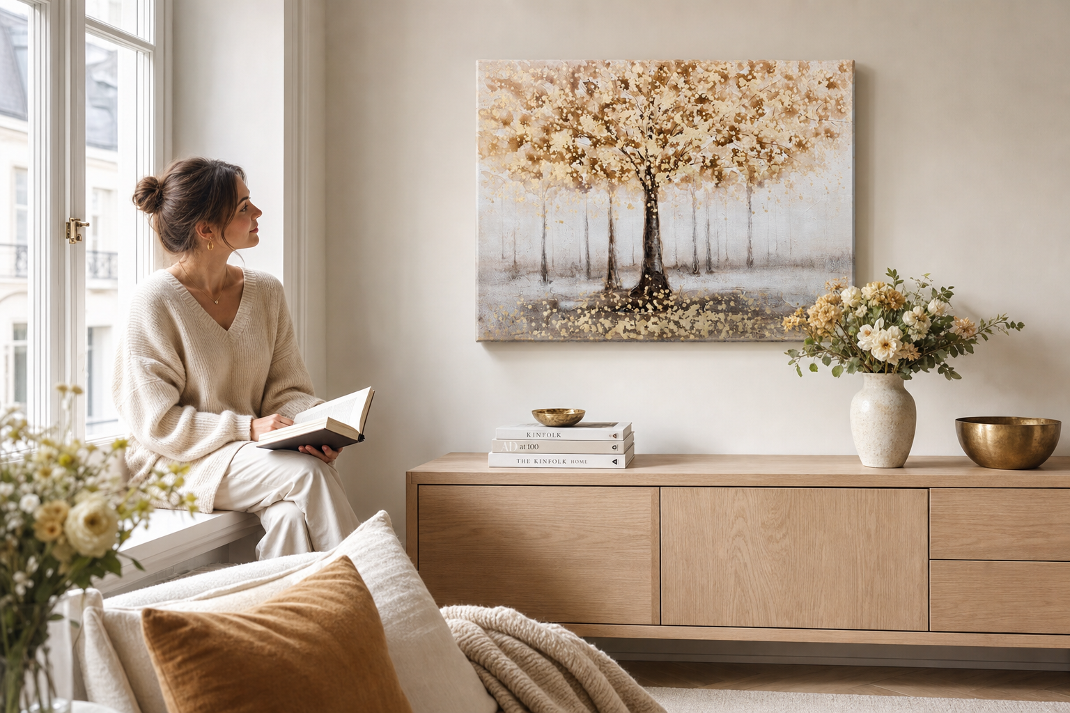 Festett falikép FA 120x90 cm – kézzel festett kép elegáns enteriőrben (Ablakolvasás) | fal mockup | prémium vászon | Papilora.sk