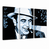 Kézzel festett POP ART festmény AL CAPONE – 3D látvány a kézzel festett vászonról fehér háttéren. Domináns színek: fekete, kék, fehér.