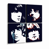 Kézzel festett POP Art festmény BEATLES 4 darab beat – 3D látvány a kézzel festett vászonról fehér háttéren. Domináns színek: fekete, kék, piros, bézs.