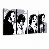 Kézzel festett POP Art festmény Beatles 4 db bea5 – 3D látvány a kézzel festett vászonról fehér háttéren. Domináns színek: fekete, szürke, fehér, arany.