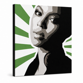 Kézzel festett POP Art festmény BEYONCÉ 1 db bey4 – 3D látvány a kézzel festett vászonról fehér háttéren. Domináns színek: zöld, fekete, szürke, fehér, rózsaszín.