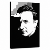 Kézzel festett POP Art festmény Bono-U2 1 darab bono – 3D látvány a kézzel festett vászonról fehér háttéren. Domináns színek: fekete, fehér, szürke.