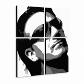 Kézzel festett POP Art festmény Bono-U2 4 db bono2 – 3D látvány a kézzel festett vászonról fehér háttéren. Domináns színek: fekete, fehér, szürke.